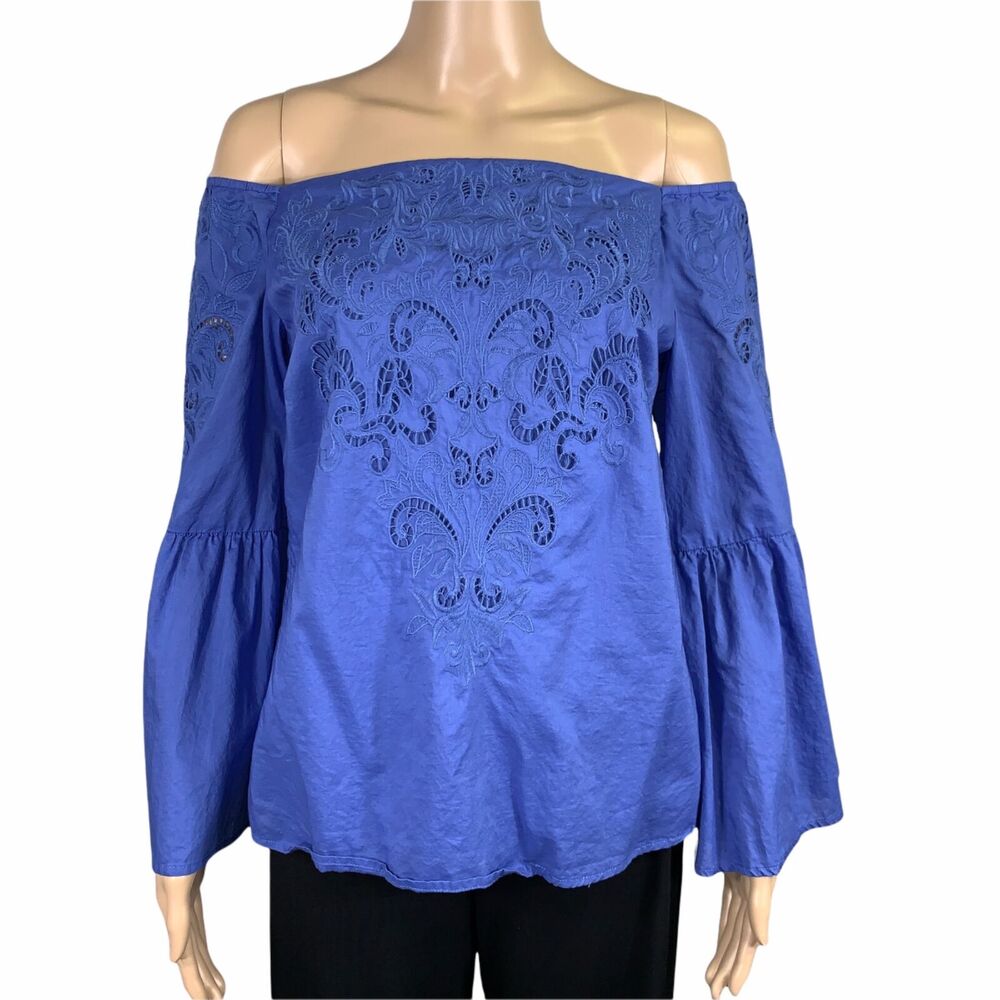 Chicos Womens Blouse Top Shirt Off Shoulder Bell Sleeve Blue Size 0 Small 4 - Picture 2 of 13